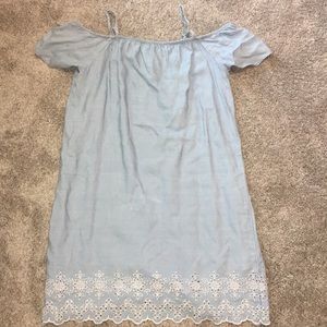 Blue off the shoulder dress with white detail